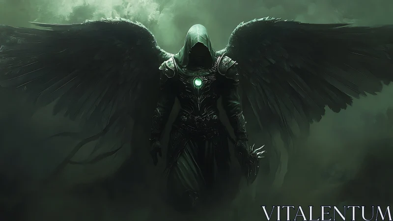 Shadowed celestial reaper emerging through emerald mist.