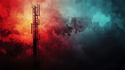 Cellular transmission tower against divided color field.
