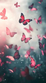 Luminous depth-of-field swarm of red butterflies in flight.