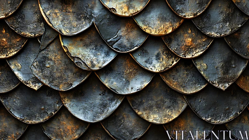 Oxidized metallic scale cladding with overlapping patina panels.