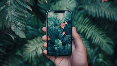 Hand holding smartphone displaying tropical foliage wallpaper