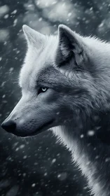 Highly detailed white wolf profile rendered in cold monochrome snow