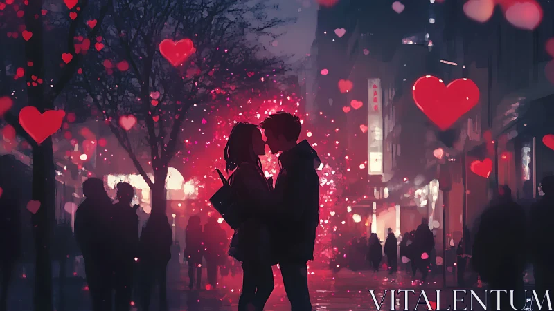 Urban Romance: Couple Kissing Among Glowing Red Hearts.
