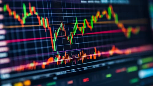 High-frequency trading chart with multicolor candlestick analytics.