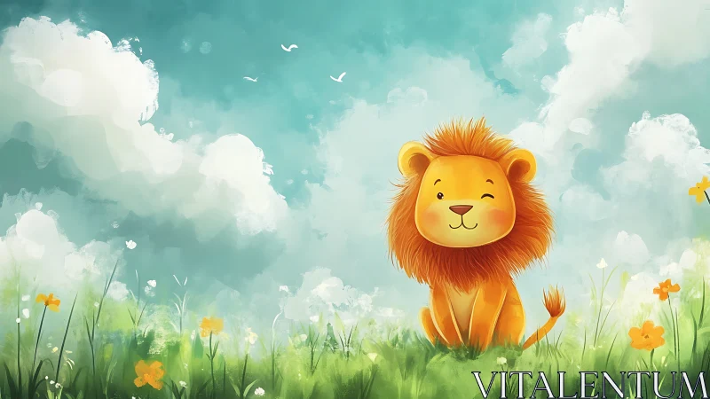 Cute lion cub winks in a bright, whimsical meadow scene.