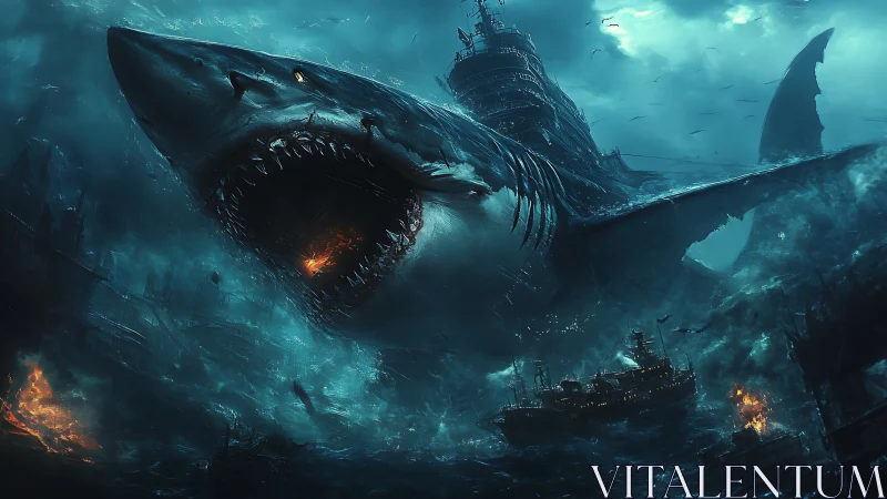 Colossal warship-shark hybrid ravages storm-torn fleet.
