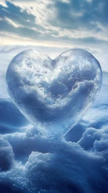 Frozen ice heart floating among winter clouds.