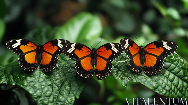 Three orange black butterflies rest aligned on wet foliage