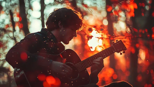 Silhouette of guitarist outdoors with warm orange bokeh light.