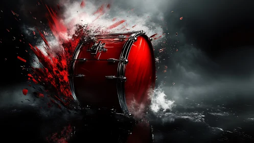 Explosive crimson bass drum detonating in cinematic stormscape.