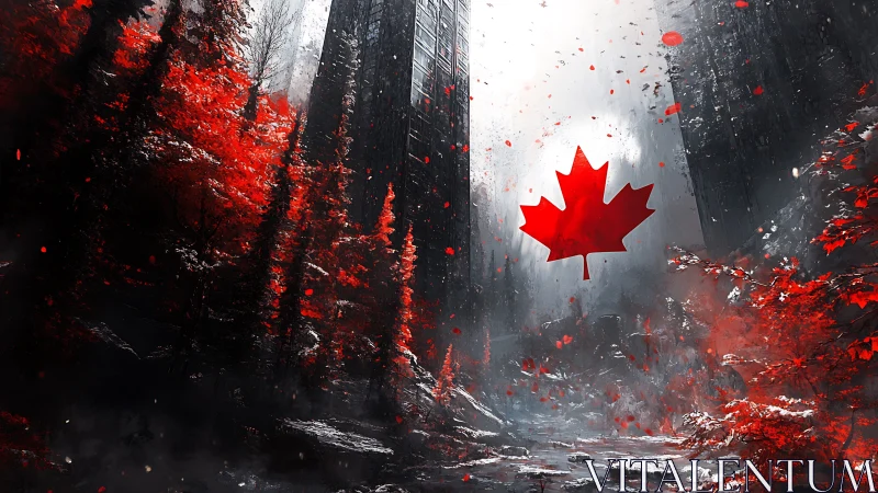 Canadian Maple Leaf Dominates Dramatic Urban Landscape.