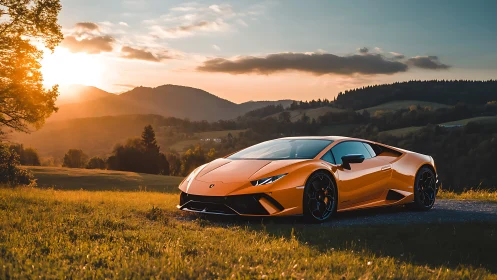 Orange supercar under golden sunset in mountain landscape.