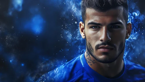 Focused athlete surrounded by glowing blue energy haze.