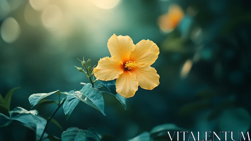 Yellow Hibiscus Flower with Dewy Leaves Against Blurred Teal Background