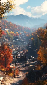Mountain valley settlement in dense autumn forest landscape.