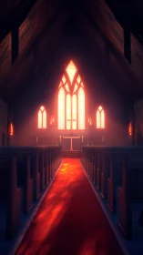 Sanctuary aisle glowing under stained glass sunset light.