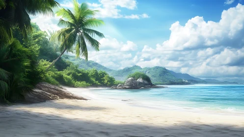 Pristine Tropical Beach Paradise With Palm Trees and Blue Waters