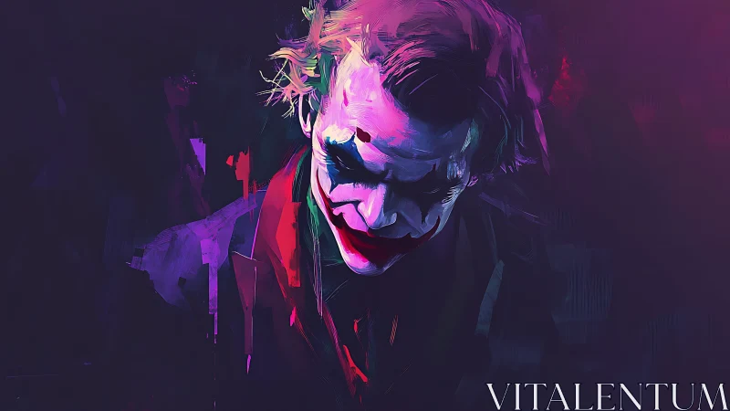 Brooding clown figure rendered in vivid neon brush strokes