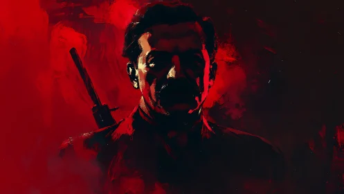 Shadowed militant portrait amid searing crimson light.