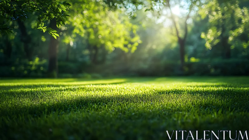 Sunlit park lawn with lush green grass and soft bokeh light.