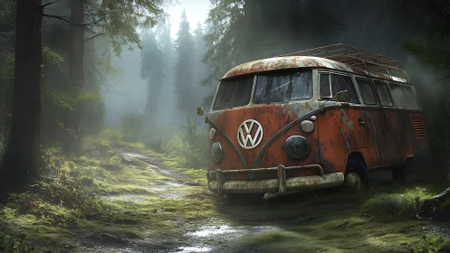 Rusting VW camper van abandoned on misty forest track.