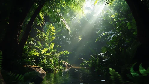 Jungle Waterway: Luminous Canopy Sanctuary with Reflected Tropical Vegetation
