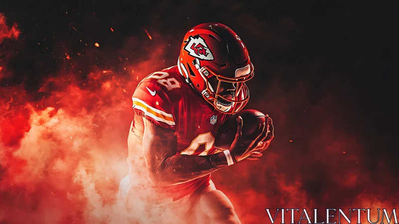 American football player carries ball through red smoke