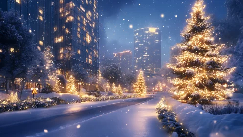 Snow covered city street with illuminated winter trees at night.