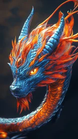 Blue and orange serpentine dragon with flaming crest.