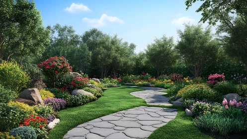 Sunlit garden path winding through colorful blooms.