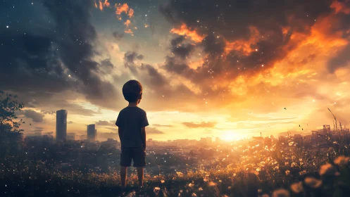 Child stands on hill watching glowing city sunset sky.