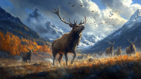 Elk herd in alpine valley under clouded mountain ridges.