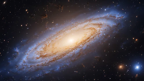 Photorealistic barred spiral galaxy with luminous stellar core.