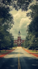 Sunlit campus avenue leads to a welcoming red brick hall