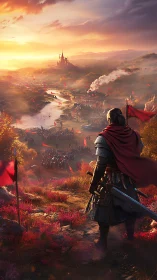 Crimson-caped commander studies a river of warlit banners