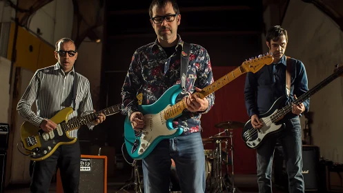 Indie rock trio performing electric guitars in warehouse.