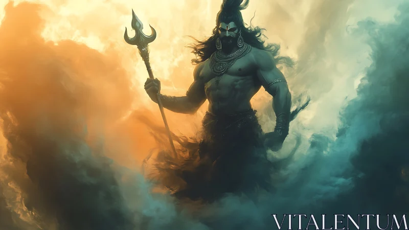 Muscular warrior with trident stands amid swirling clouds