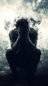 Shattered figure crouches in storm of dissolving shadow.