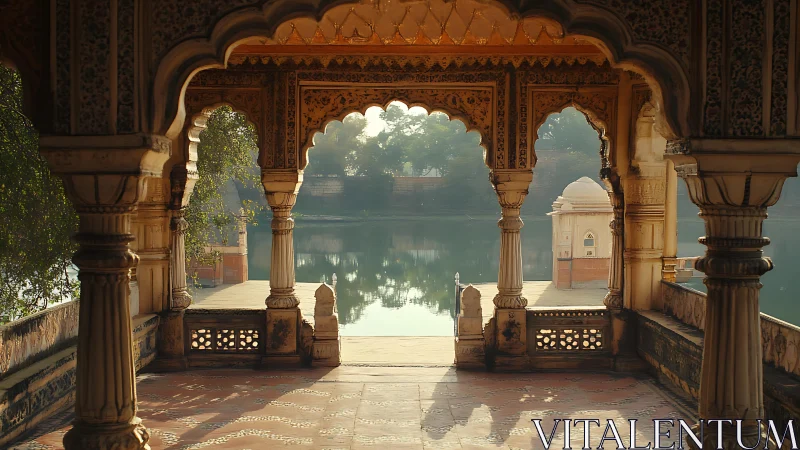 Ornate stone pavilion overlooking calm lakeside water.