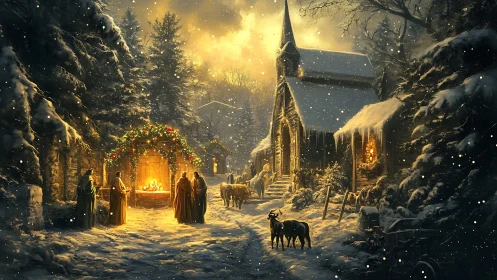 Midwinter chapel glows while villagers gather in lantern snow