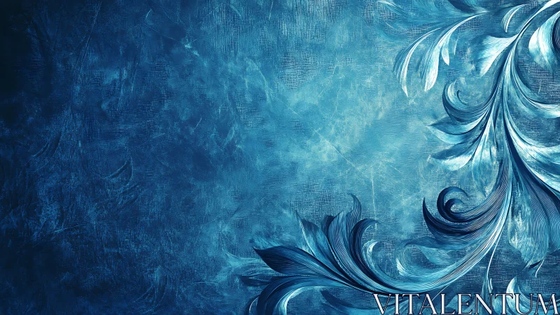 Blue floral scrollwork sweeps across textured abstract field.