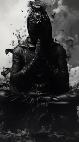 Shadow monk statue channels inky meditative power.