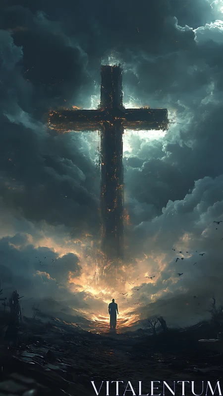 Lone wanderer beneath a blazing cross of stormlight.