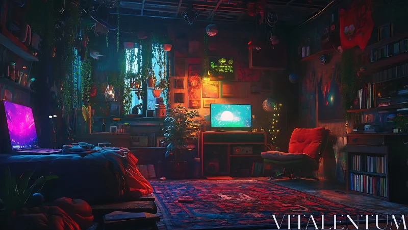 Neon-lit gaming studio with lush plants and ambient screens.