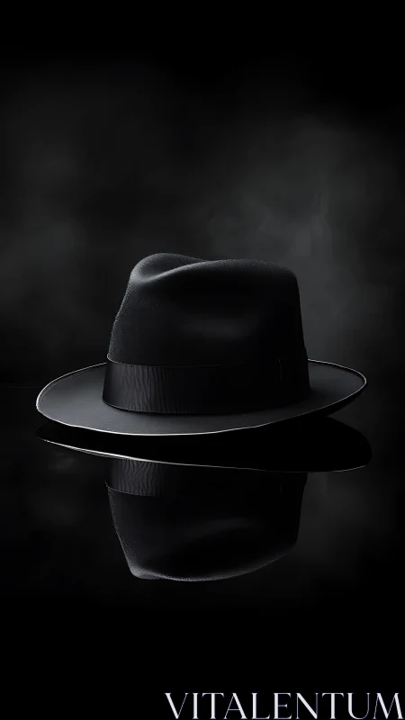 Black fedora hat on glossy reflective surface in smoke.