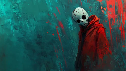 Skull masked figure in red cloak against teal background.