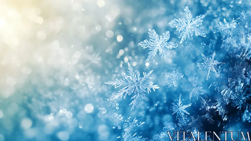 Macro snowflakes over blue winter bokeh background.