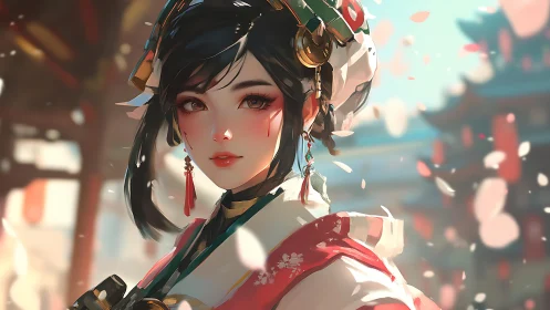 Blossom-lit warrior maiden beneath swirling temple petals.