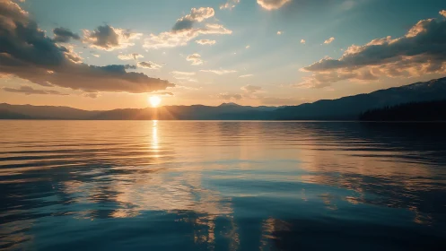 Sunset ripples paint a tranquil mountain lake in soft gold.