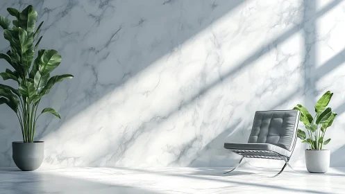 Sunlit marble lounge with stoic chair and gossiping plants.